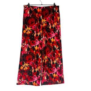 Fig and Flower Womans Large Pants Wide Leg Comfort Stretch Pull On Floral Black